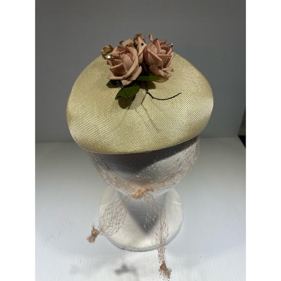 Vintage Carlot Juliet Fascinator Gold Cream Straw Hat with Pink Roses Mesh Veil - Picture 5 of 8